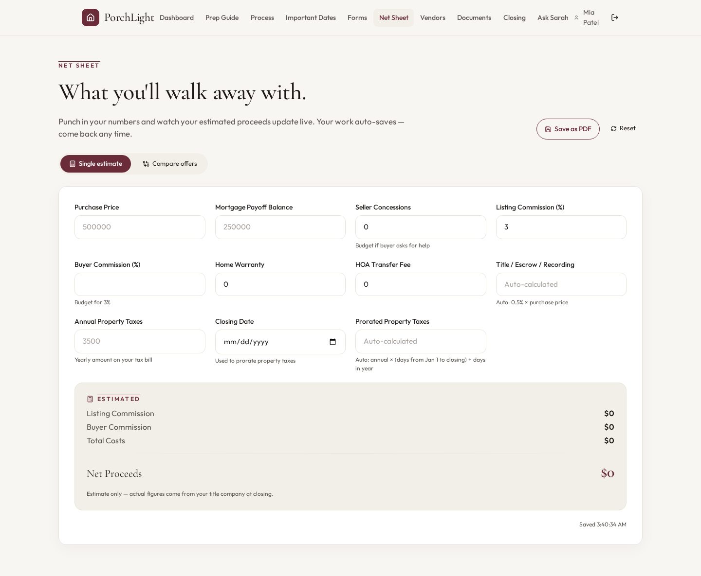 Net sheet & offer comparison — Single estimate
