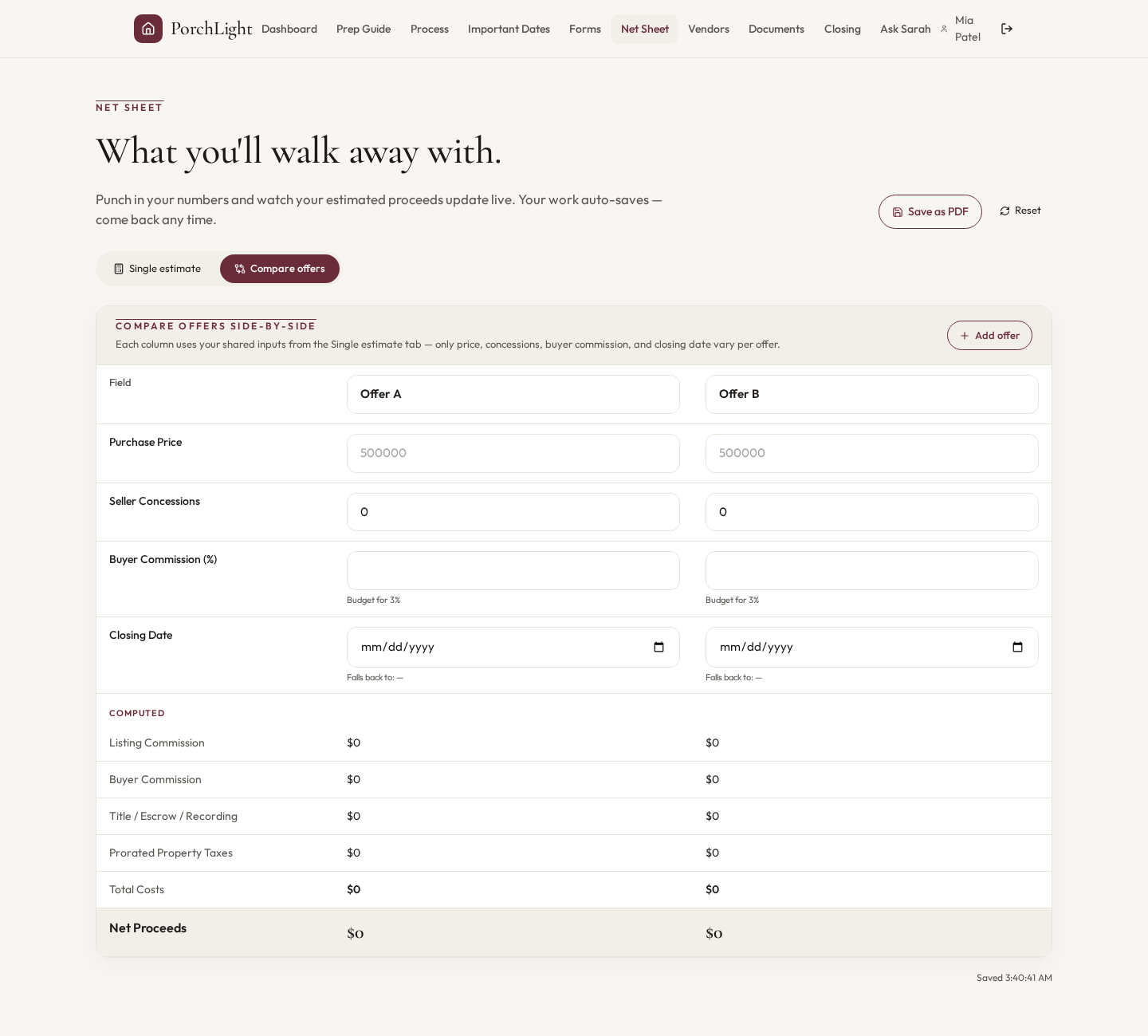 Net sheet & offer comparison — Compare offers